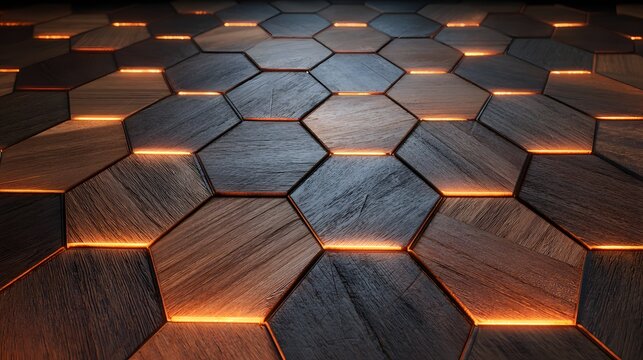 Illuminating hexagonal wood panels create a modern and textured surface design