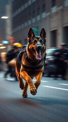 K9 Police Dog Leads Pursuit On Wet Street Highlighting Speed, Detection, Swift Justice, And Urban Action.