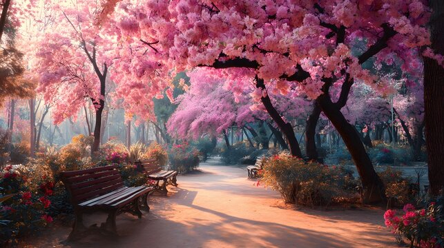 Lush park scene features vibrant pink flowering trees arching over a sunlit pathway with empty wooden benches. - Powered by Adobe