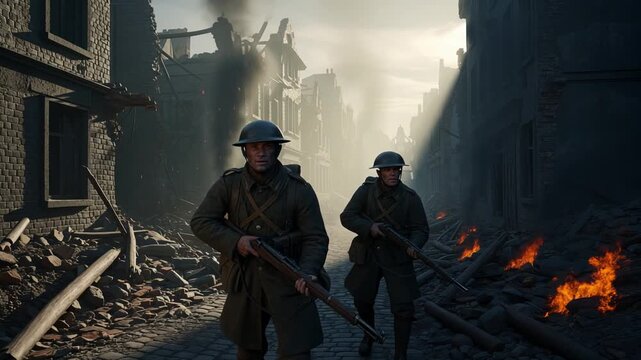 Soldiers patrol carefully, Urban troops survey with vigilance