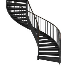 A Dark Metal Spiral Staircase with a Curved Railing Against a Transparent Background