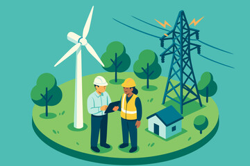 Engineers collaborating on renewable energy project near wind turbine and power lines © Anna