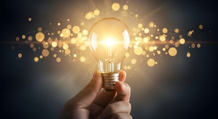 Bright Idea Light Bulb Glowing with Bokeh Lights Symbolizing Innovation and Creativity.