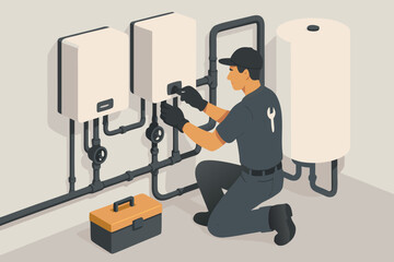 Skilled technician expertly servicing boiler system, ensuring home comfort and efficient energy use in modern residential setting.