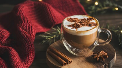 Cozy spiced cappuccino with cinnamon sticks, star anise, and warm fairy lights on a rustic wooden table, alongside a knitted scarf. Perfect for winter holidays and festive comfort.