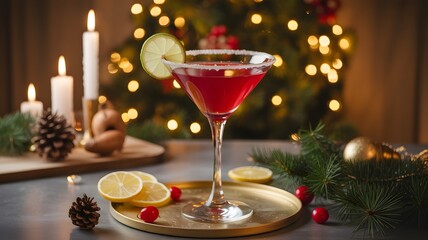 Cozy Christmas scene with a warm red mug of hot chocolate, festive pine branches, and twinkling lights. Perfect for holiday cheer and winter comfort.