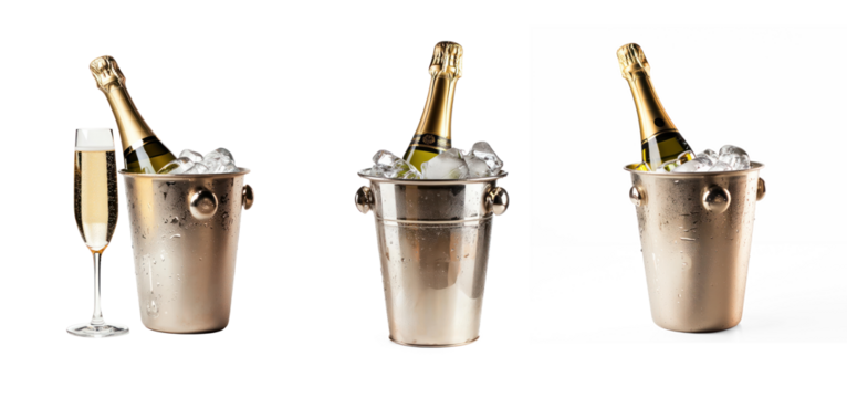 Three champagne bottles in ice buckets with a glass of champagne.