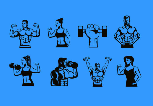 Black Fitness Muscular Strength Workout Gym Illustrations Set