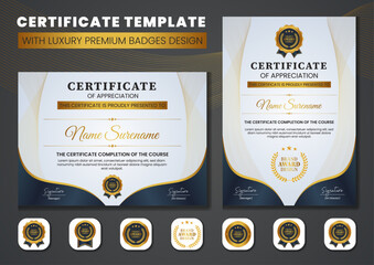Elegant certificate template with luxury layout, premium badges, clean typography, and gold-green accents. Ideal for awards, appreciation, achievements, events, and official recognition.