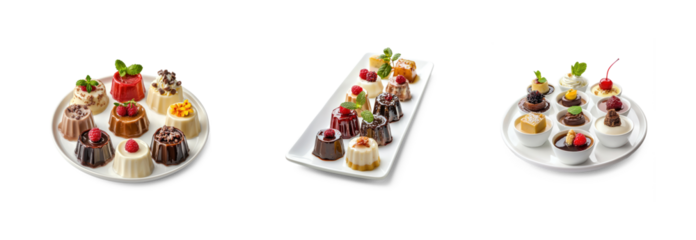 Three plates of assorted desserts on a white background.