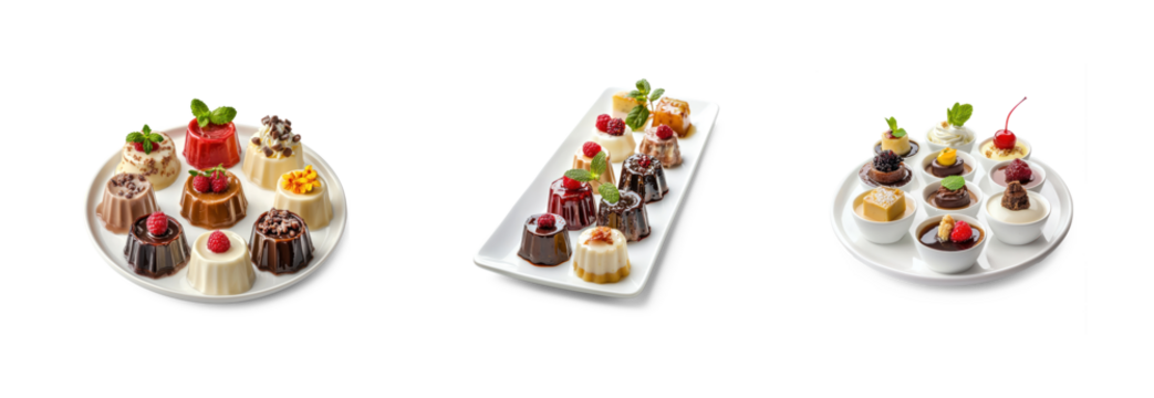 Three plates of assorted desserts on a white background.