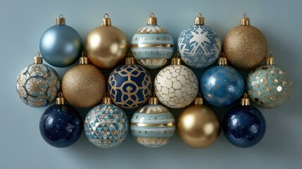 Colorful Christmas Ornaments Displayed on Soft Blue Background
