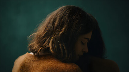 Solitude and introspection: A pensive individual leans against a teal surface, evoking feelings of calm and reflection amidst the gentle backdrop.