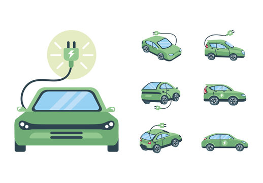 Green And Blue Electric Vehicle Eco Transport Energy Cars Illustrations Set
