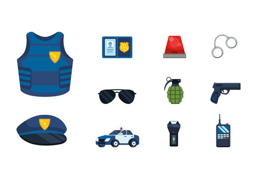 Colorful Police Badge Equipment Security Authority Illustrations Set