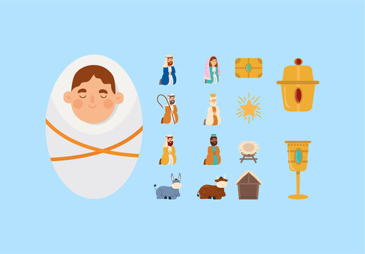 Colorful Nativity Baby Jesus Christmas Manger Illustrations Set