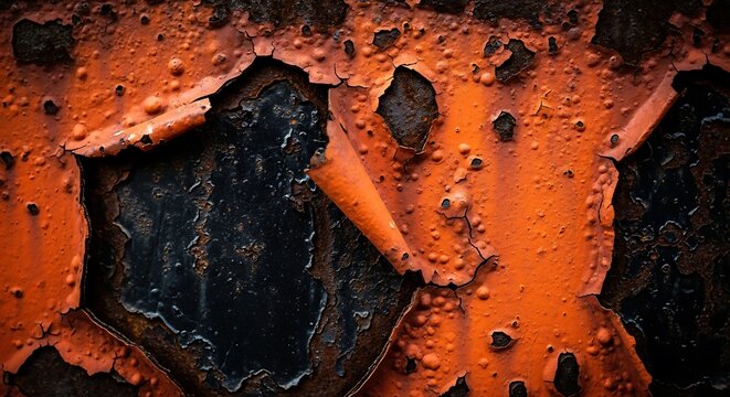 Abstract metal texture with cracked orange paint over dark background