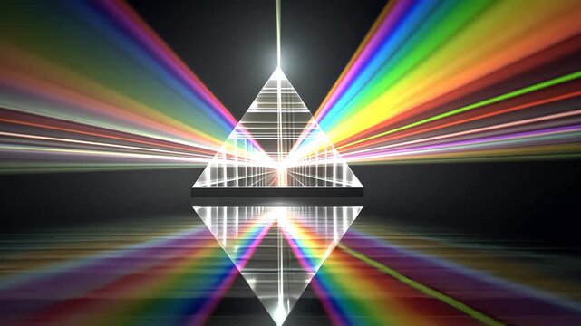 Prism Light Beams and Rainbow Color Spectrum: Explore Vibrant Refraction, Reflection & Optical Illusions on Black Background