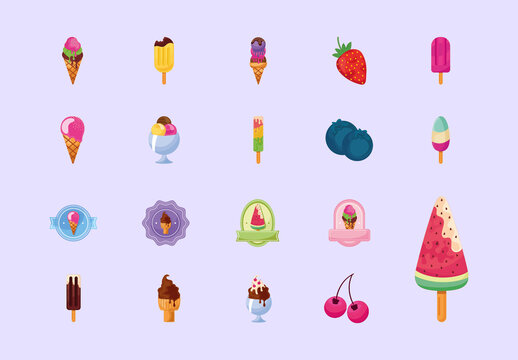 Colorful Ice Cream Summer Dessert Illustrations Set