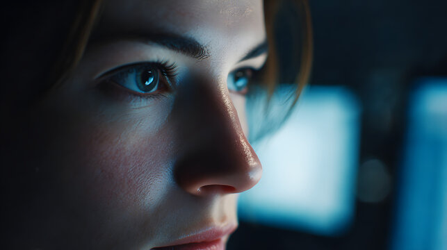 Focused Glance: An individual intently examines the data screen, their eyes reflecting determination and concentration, in a technological environment.