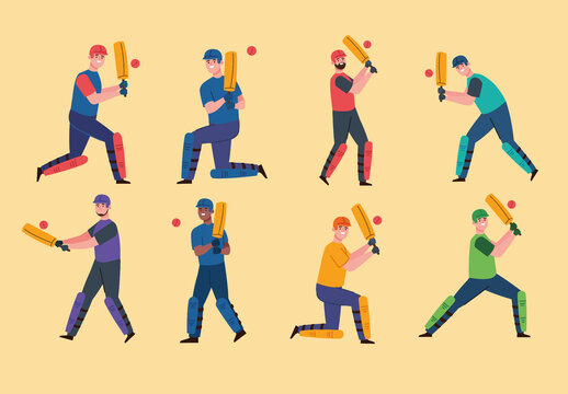 Colorful Cricket Players Batting Action Illustrations Set