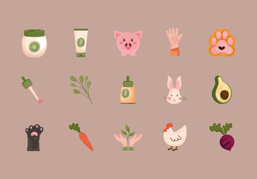 Colorful Cruelty Free Vegan Organic Cosmetic Illustrations Set