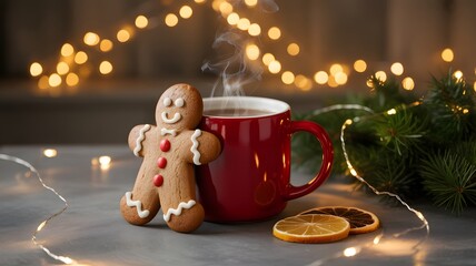 Cozy Christmas scene with a smiling gingerbread man cookie, steaming hot cocoa in a red mug, and festive holiday lights. Perfect for winter holidays, baking, and warm greetings.