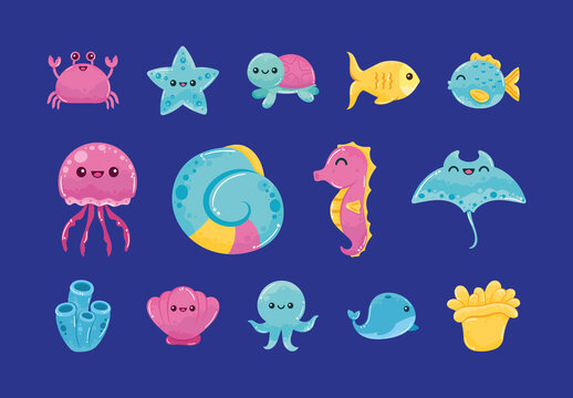 Colorful Cute Sealife Sea Creatures Illustrations Set