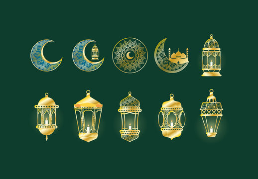 Colorful Eid Mubarak Islam Celebration Illustrations Set