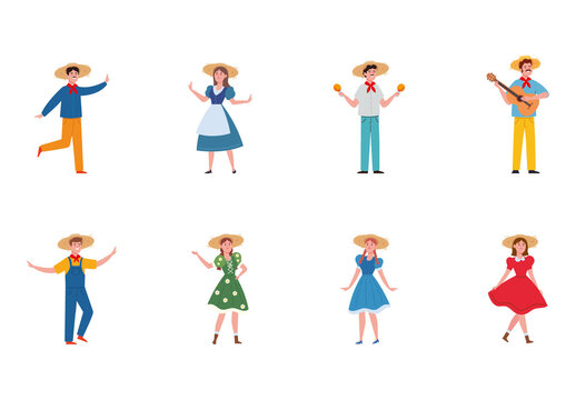 Colorful Festa Junina Traditional Costume Characters Illustrations Set