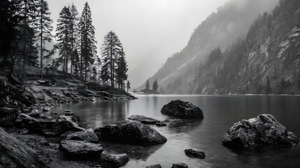Dark, misty mountain lake scene features rugged shoreline and towering evergreen trees