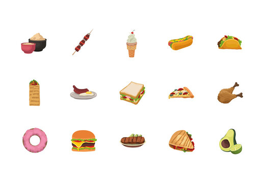 Colorful Fast Food Traditional Illustrations Set