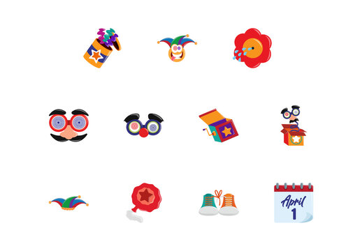 Colorful Fools Day Celebration April Funny Illustrations Set