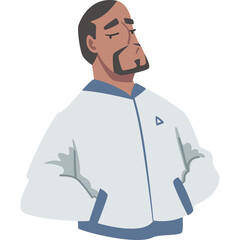 Pixel Art Portrait of a Man in a White Jacket with Blue Accents and a Small Triangle Logo on His Chest Looking Upwards With Eyes Closed