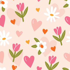 A seamless pattern with cute flowers and hearts. A spring floral design for Valentine's Day cards, weddings, greeting cards, fabrics, paper goods, and textiles.