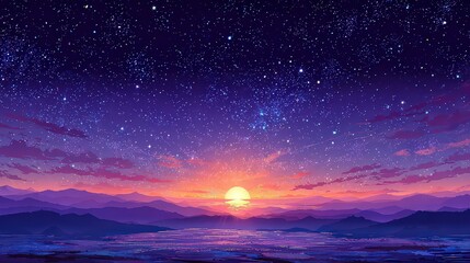 Fototapeta premium Pixelated Sunset Sky Over Mountain Range with Starry Night Background