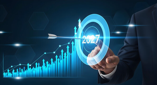 Business Growth Target 2027 with Upward Trend Graph and Arrow Hitting Bullseye. - Powered by Adobe