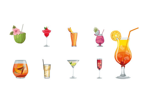 Colorful Fruit Cocktail Tropical Drinks Summer Illustrations Set