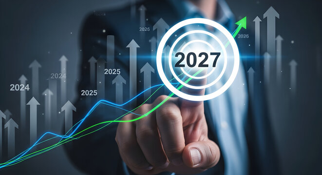 Business Growth Target 2027 with Upward Trend Graph and Finger Touch.