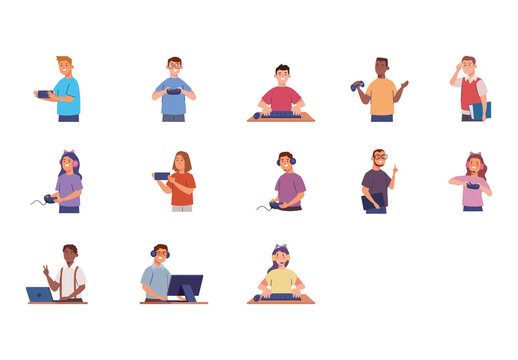 Colorful Geek People Gamer Streamer Developer Cosplay People Illustrations Set