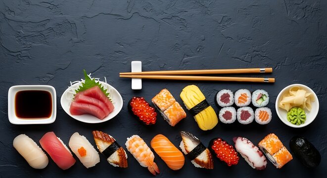 Artistic sushi arrangement on dark textured backdrop offering culinary elegance