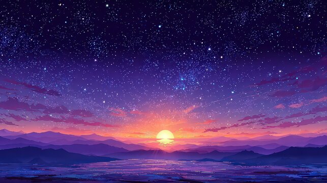 Pixelated Sunset Sky Over Mountain Range with Starry Night Background