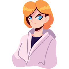 Pixel Art Portrait of a Young Woman with Orange Hair and Blue Eyes Wearing a Light Purple Hoodie Against a Transparent Background