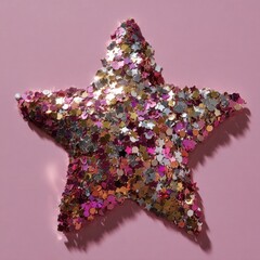 Colorful Star Shape Filled with Shimmering Confetti on Pink Background