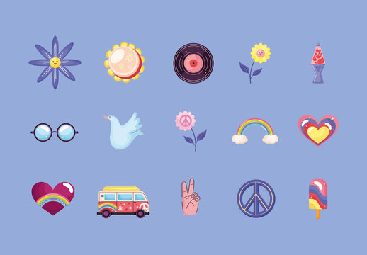 Colorful Hippie Retro Culture Illustrations Set