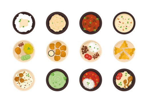 Colorful Muslim Food Dishes Meal Traditional Cuisine Illustrations Set