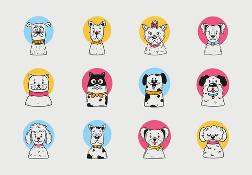 Colorful Dog Cat Pets Funny Cute Mascot Doodle Icons Set