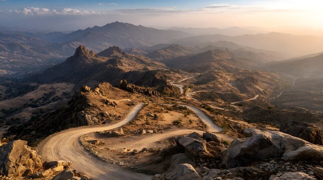 Winding dirt road traverses rugged, arid mountain landscape during golden hour