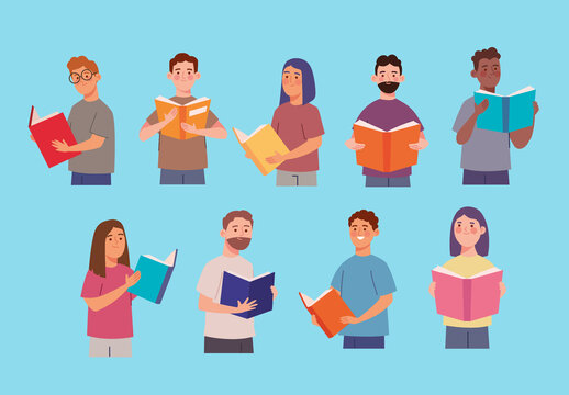 Colorful Reading People Books Illustrations Set