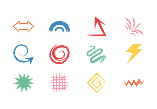 Colorful Sketch Doodle Arrow Spiral Lightning Icons Set